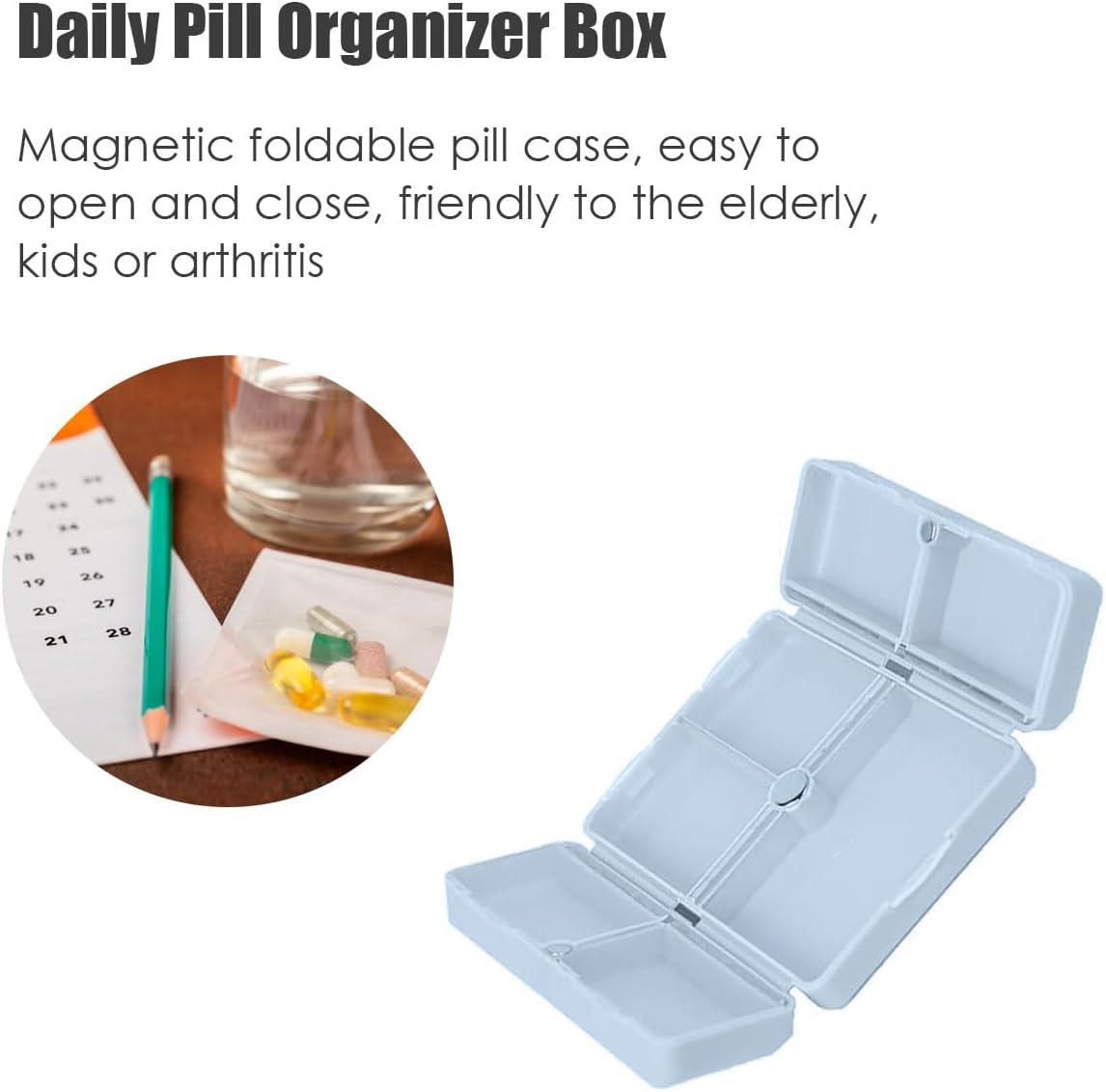 Foldable Magnetic Pill Organizer, Daily Pill Organizer with 7 Compartments Pill Container for Purse Pocket with Dual Lid for Pills, Vitamin, Fish Oil, Supplements (Blue)