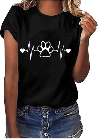 Valentines Shirt for Women Cute Dog Paw Heartbeat Print T-Shirt Loose Fashion Short Sleeve Tops Casual Round Neck Tees