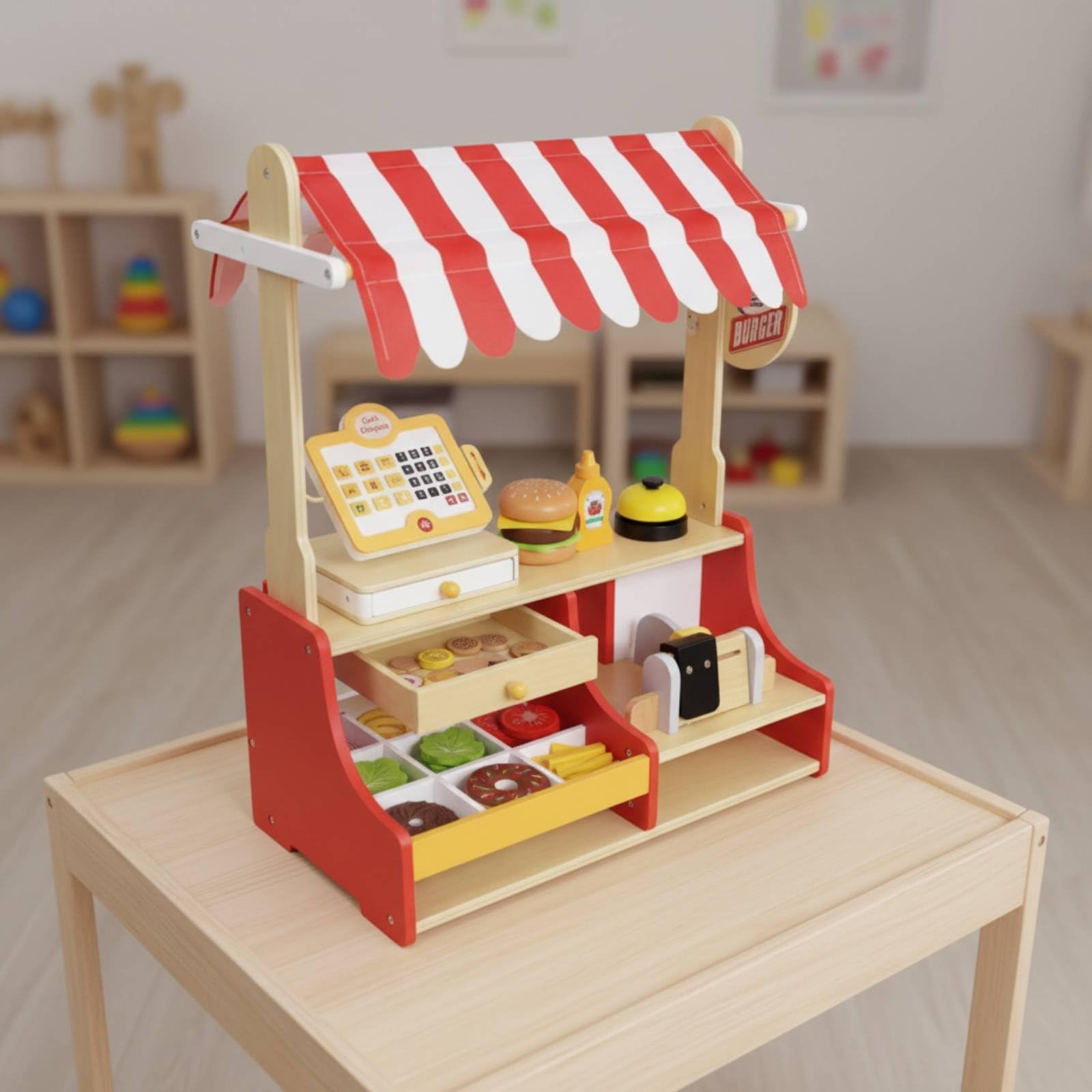 Kinder Burgerstand Holz Spielzeug Imbissstand Verkaufsstand Marktstand mit Gestreiftem Dach Kassenfach Und Saucenteilen Fördert Teilen Sprache Und