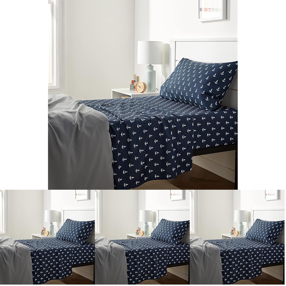 Amazon Basics Kid's Soft Easy-Wash Lightweight Microfiber 3-Piece Sheet Set, Twin, White Anchors, Printed (Pack of 4)