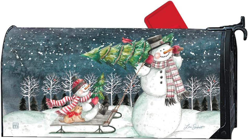 Studio M Decorative Christmas Holiday MailWrap Fits Standard Size 6.5 x 19 Inch Mailbox Weather Resistant Vinyl White Blue Red Sledding Snowmen