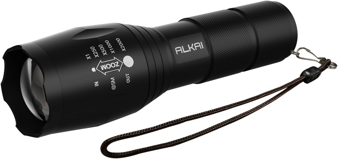 ALKAI Apollo Tactical Flashlight, 1200 Lumen Cree T6 LED, Bright Handheld Flash Light, 5 Modes Adjustable Focus, Water Resistant – Powered by 1 x 18650 Battery or 3 x AAA Battery (Not Included)