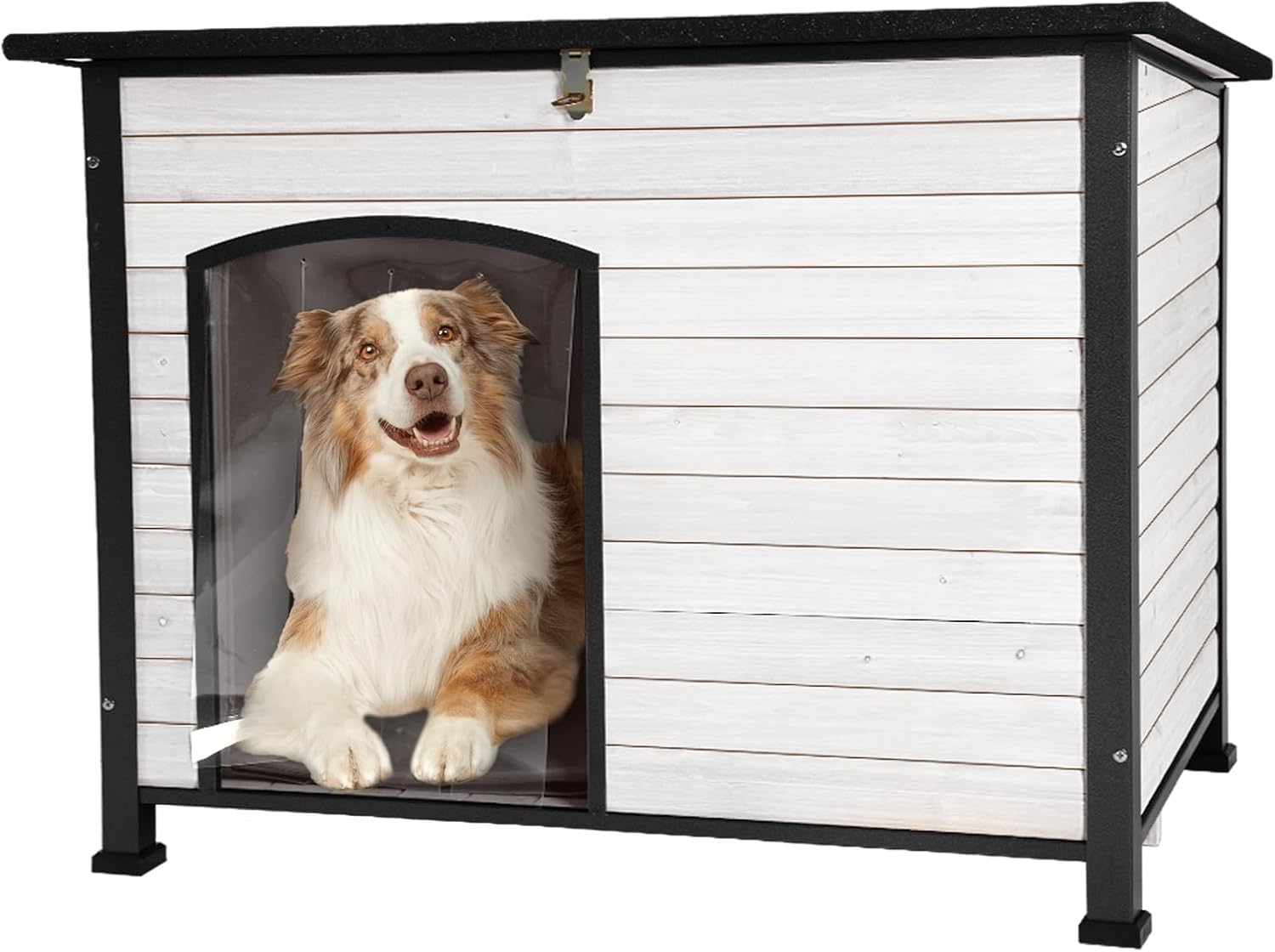 GUTINNEEN Large Dog House Outdoor Indoor with Chew Proof Iron Frame, Weatherproof Dog Kennel for Outside with Raised Feet, Dog Shelter for Small, Medium or Large Dogs (White, 43.3'')
