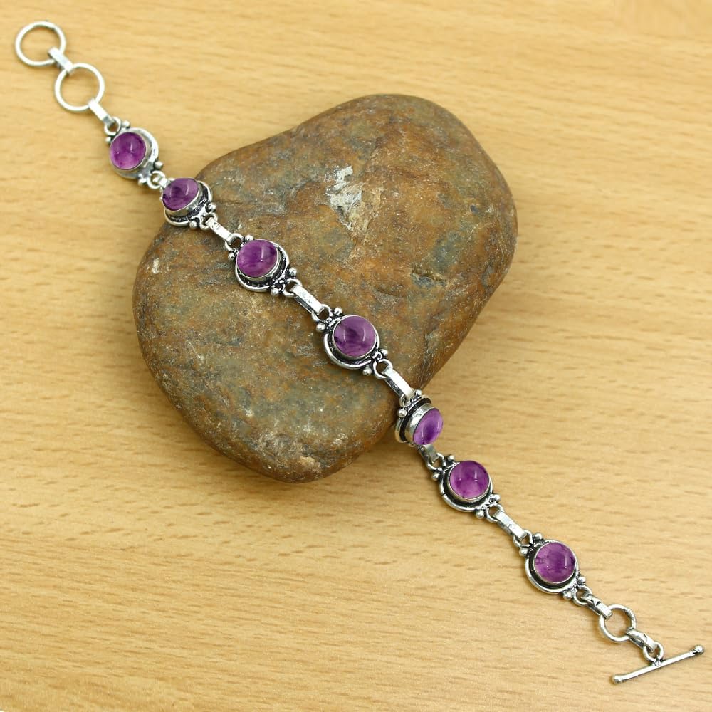 Round Shape Natural & Synthetic Gemstones Silver Plated Bracelets for Women - Vintage Bohemian Style Handmade Birthstone Adjustable Link Bracelet Jewelry Gifts for Wedding Anniversary Mother's Day - Image 5