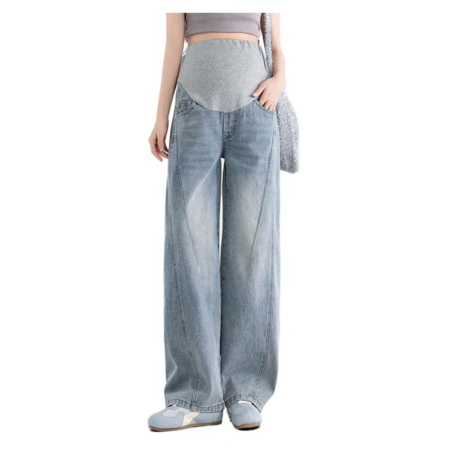 Jean de maternité, large, décontracté, avec ceinture réglable, pantalon tendance et pratique, adapté aux filles de moins de 170 cm