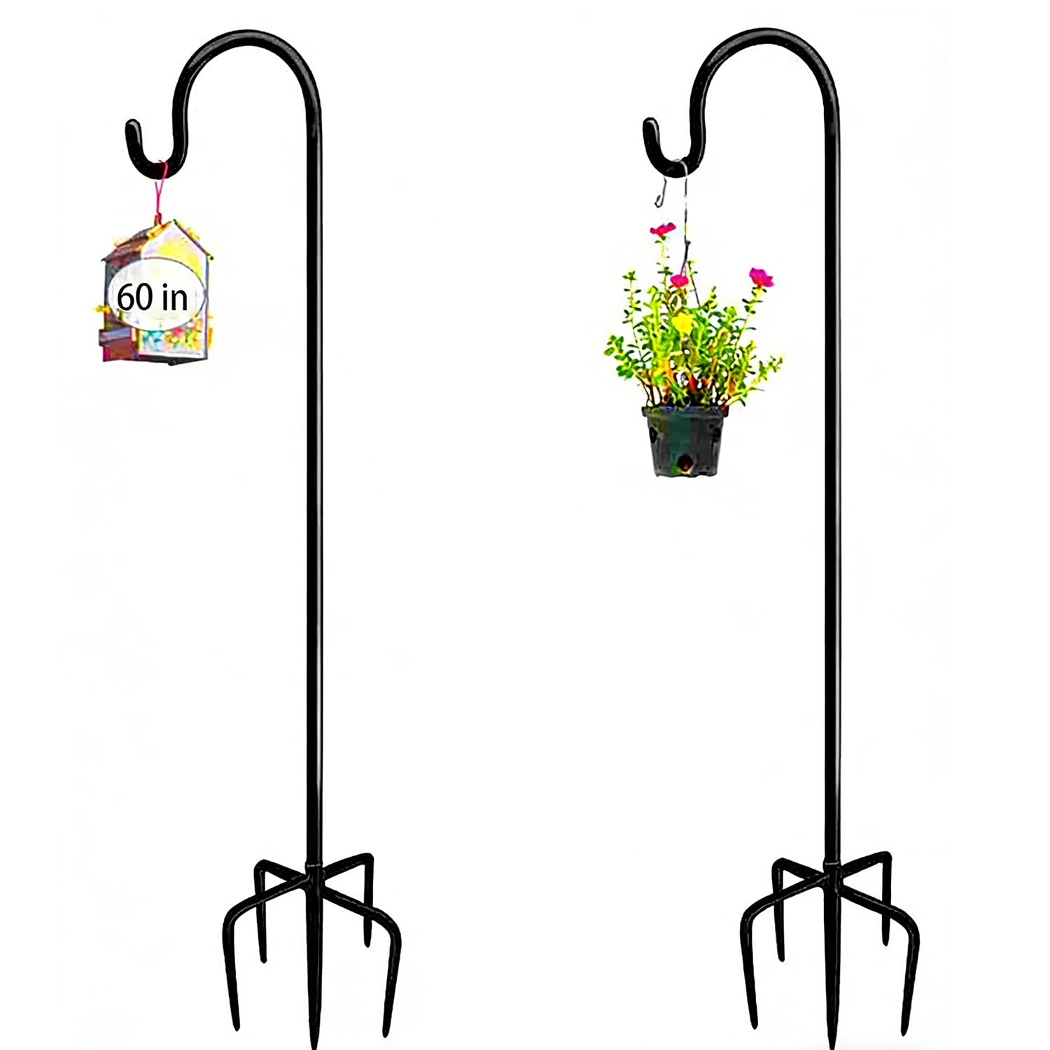 Shepherds Crook Hooks, 2PCS 152cm Adjustable Height Shepherds Hooks with 5 Prong Base, Metal Border Hook for Garden Lights, Lanterns, Plant Baskets, 3 Section Stitching