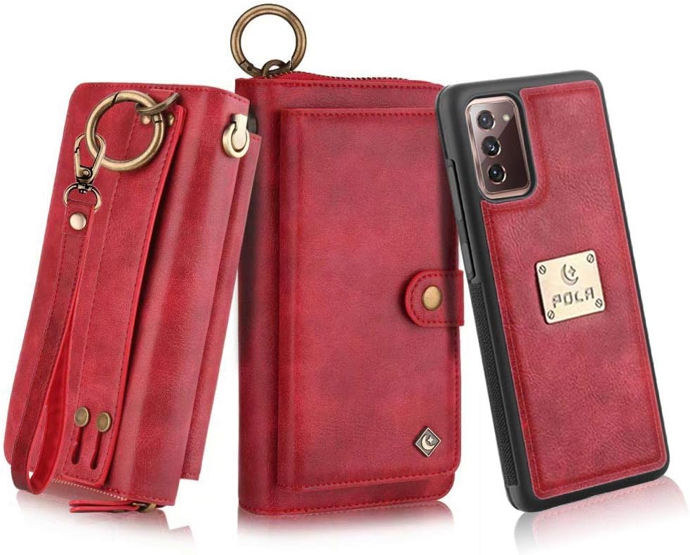 Petocase Compatible Galaxy Note 20 Wallet Case, Multi-Functional PU Leather Zip Wristlets Clutch Detachable Magnetic Card Slots Cash Purse Protection Cover for Samsung Galaxy Note 20 Red