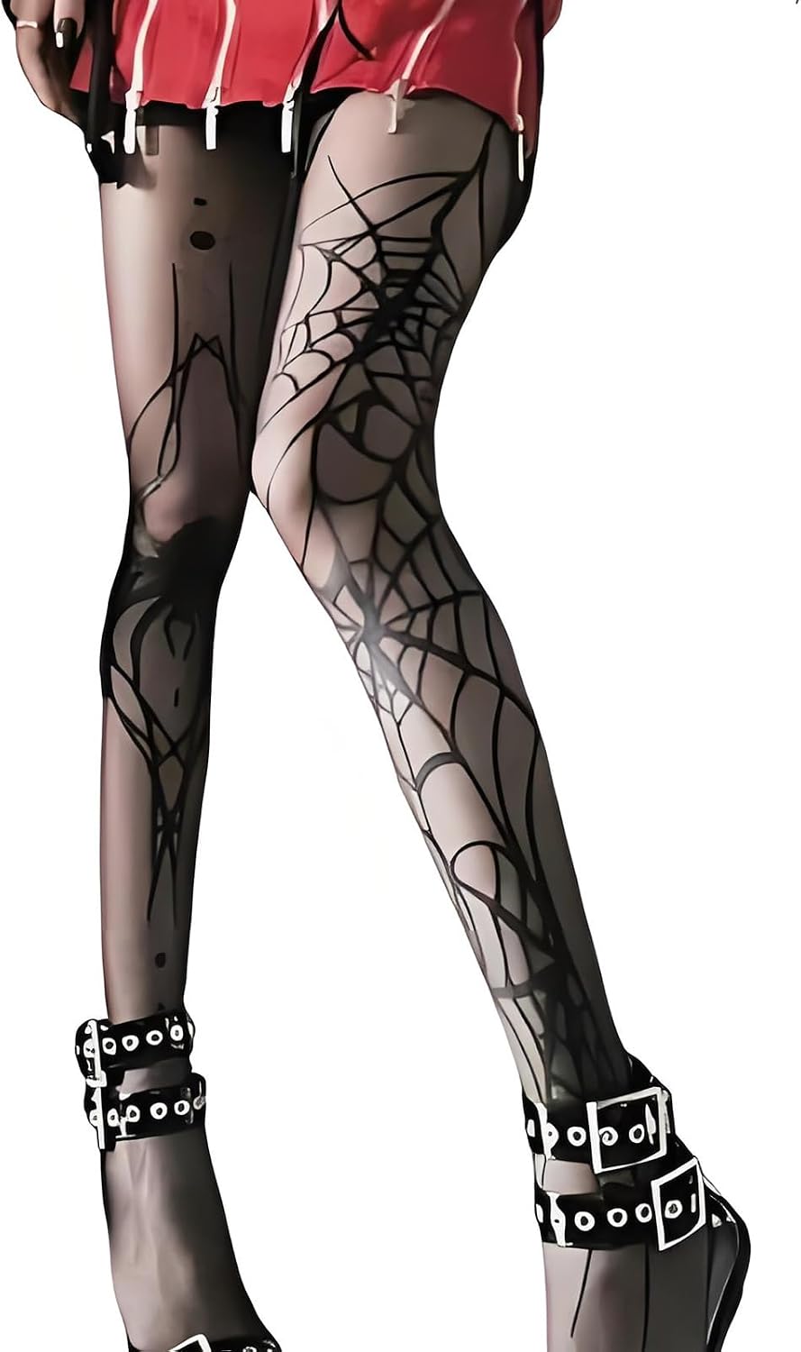 Halloween Decorations Black Spider and Spider Web High Waist Tights Fishnet Stockings for Women Halloween Costumes, Lace Leggings Fishnet Tights for Women