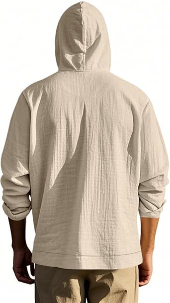 Men Cotton Linen Long Sleeve Button Down Shirt Summer Casual Beach Lightweight Hoodies with Pockets
