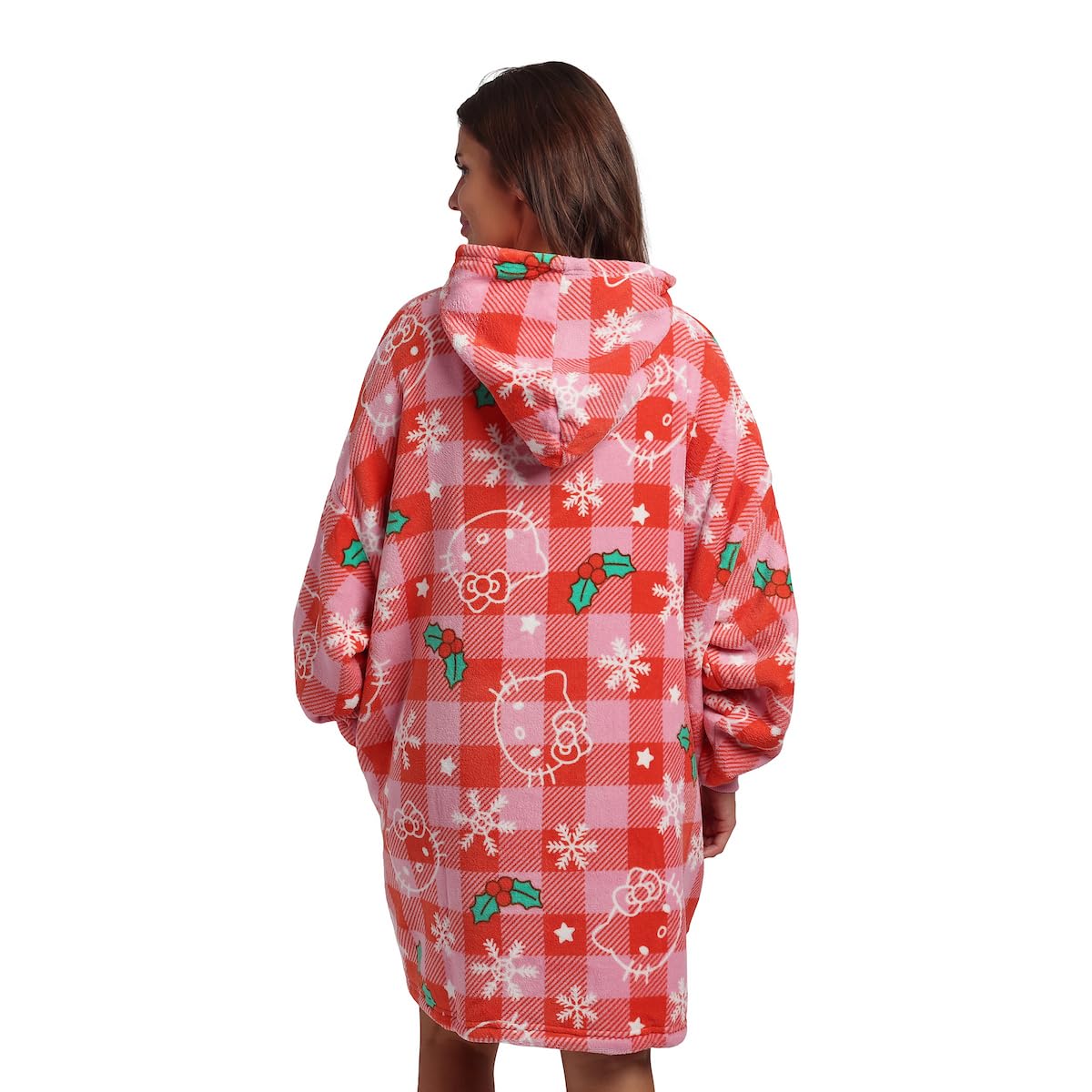 Pattern Red Hooded Wearable Oversize Blanket-OSFA: Hello Kitty Christmas Line Art