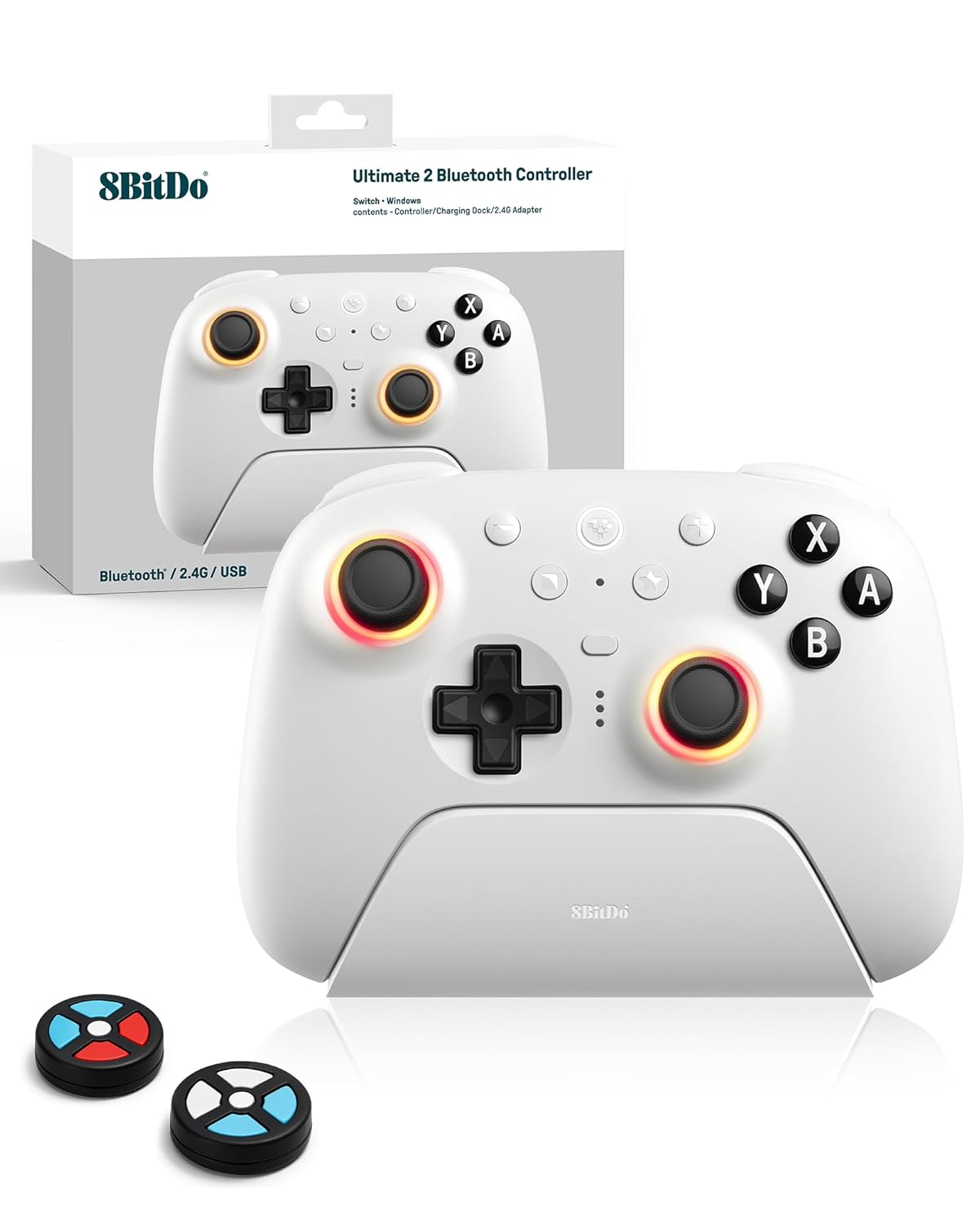 8Bitdo Ultimate 2 Bluetooth Controller (TMR Joystick Update), RGB Fire Ring, Switchable Hall Effect/Tactile Triggers, Vibration and Motion Control for Switch, Windows PC (White)