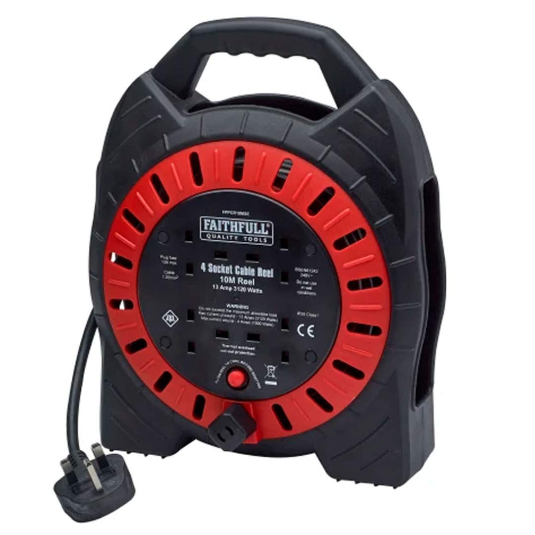 Faithfull 10m Metre 4 Gang / Way / Socket Extension Lead Cable Reel 230V 13A