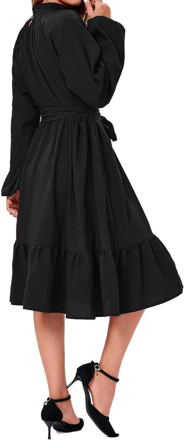 Women's 2026 Spring Dresses Long Sleeve Elegant Crew Neck A-Line Elastic Wasit Lightweight Formal Casual Midi Dress - Image 3