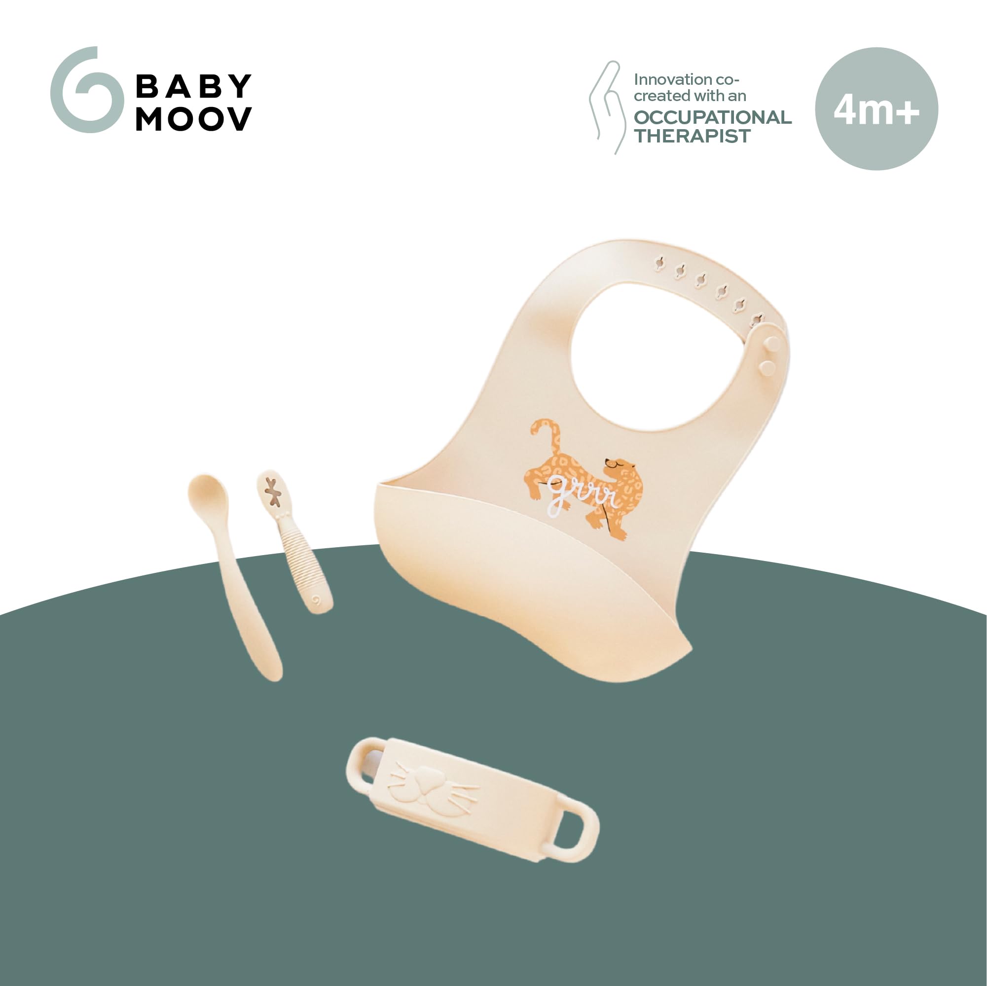 Babymoov Coffret Premiers Repas Bébé en Silicone avec Bol, 2 Cuillères 1er âge, Bavoir Récupérateur – Vaisselle Bébé pour Diversification Alimentaire - Développé avec Ergothérapeute, Mini Roar