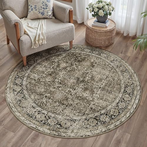 PureCozy Brown Round Area Rug 5ft Washable 5x5 Circle Vintage Low Pile Indoor Kitchen Living Room Carpet Non Slip Traditional Distressed Retro Accent Throw Rug Office Dining Room Bathroom