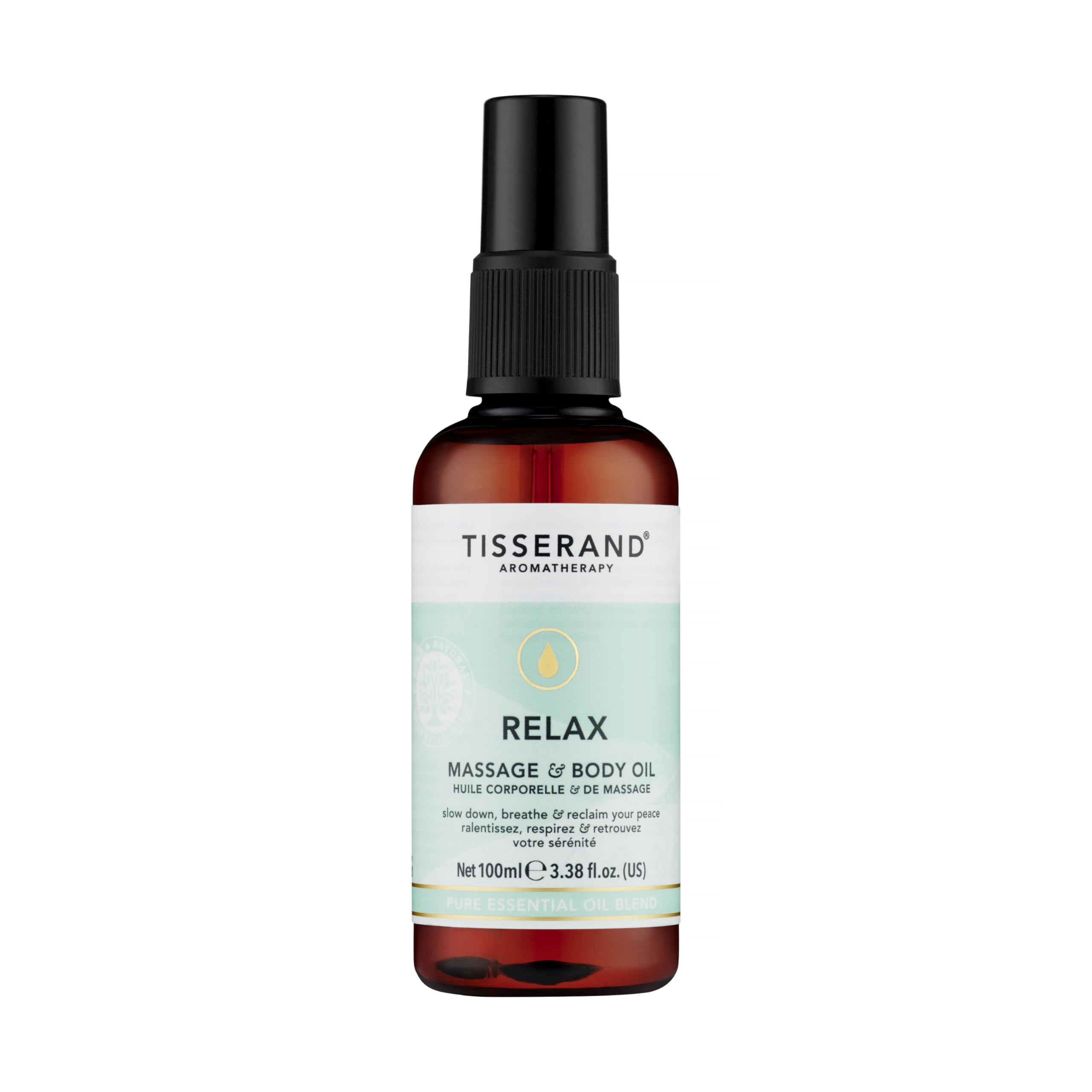 Tisserand Massage and Body Oil - Infused with Sweet Orange, Geranium, and Nutmeg Essential Oils - Total De-Stress - 3.38 oz