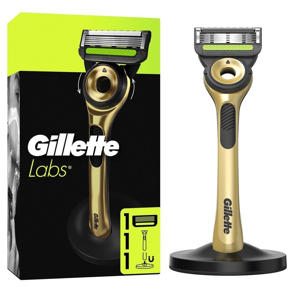 Gillette Labs z elementem czyszczącym, golarka dla mężczyzn Champion Gold Edition, 1 rękojeść 1, z uchwytem ściennym do łatwego przechowywania, packaging may vary