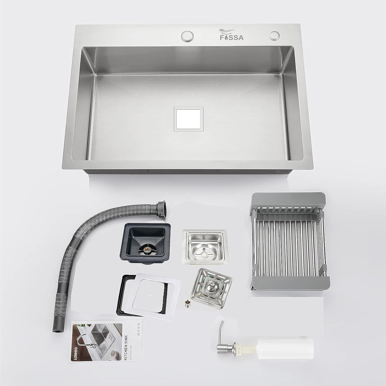 Fossa Silver Kitchen Sink - 24"x18"x10" Stainless Steel Single Bowl Sink With Tap Hole,Drain Basket, Soap Dispenser, Siphon Drain - Topmount Sink for Campervan or Home Kitchen 3