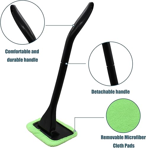 Miniatura 3 de Kit limpiador de ventanas de automóvil, herramienta de limpieza de parabrisas con mango largo extensible y 2 almohadillas de microfibra lavables