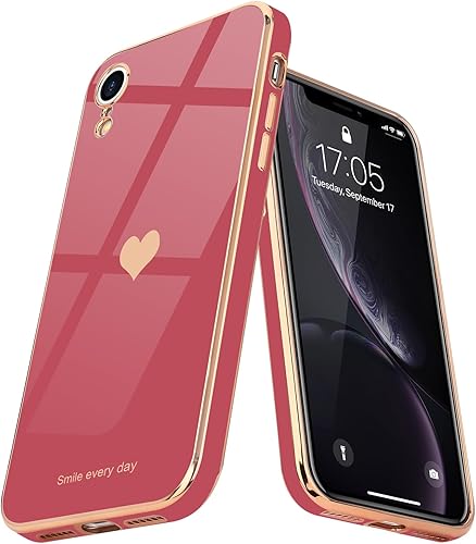 Teageo Funda compatible con iPhone XR para mujeres y niñas, lindo corazón de amor, chapado en brillo, cubierta trasera suave, protección completa de
