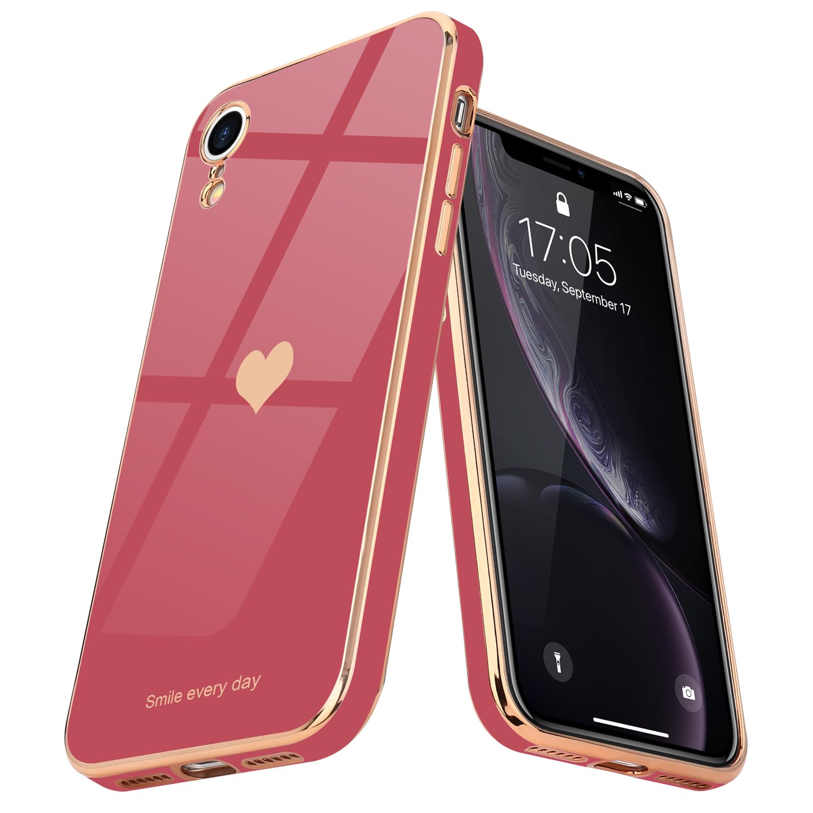 Teageo Compatible with iPhone Xr Case for Women Girl Cute Love-Heart Luxury Bling Plating Soft Back Cover Raised Full Camera Protection Bumper Silicone Shockproof Phone Case for iPhone Xr,Bright Blush