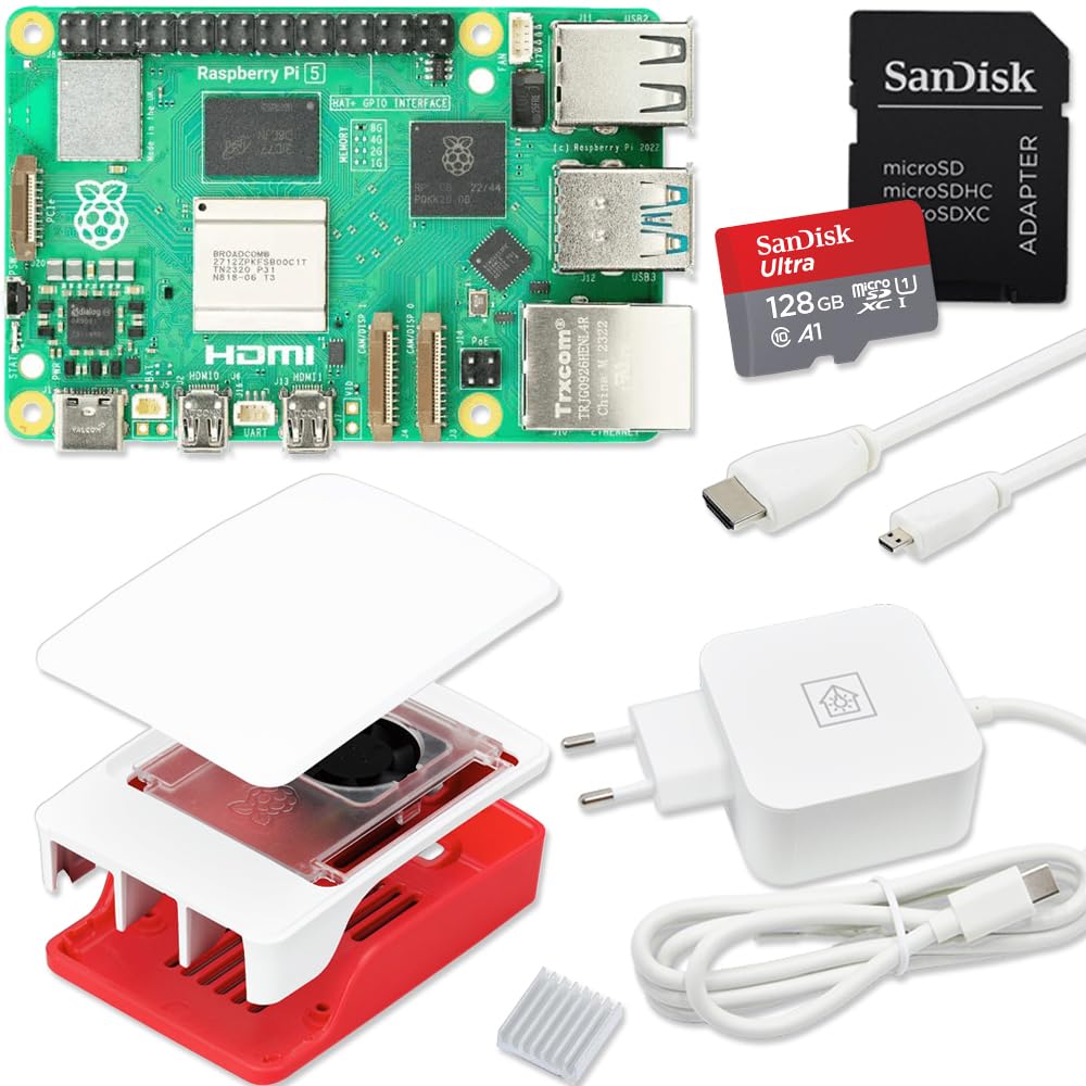 Raspberry Pi 5 8 GB Kit de iniciación | 128 GB Ultra Edition | Fuente de alimentación de 45 W | Carcasa oficial con ventilador | Cable 4K Micro HDMI de 1 m | Disipador de calor de aluminio | Ideal