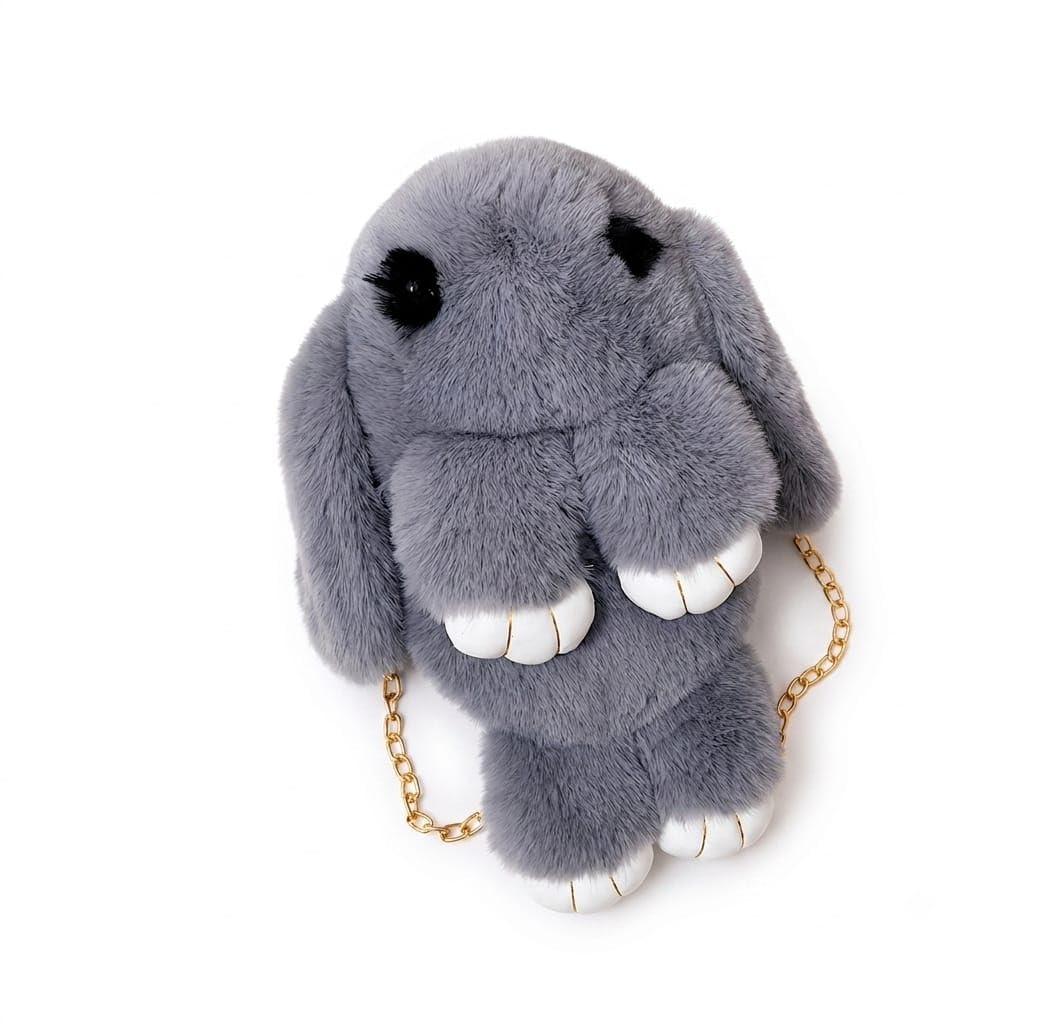 Fluffy Bunny Crossbody Bag, Grey, Faux Fur, Cute Rabbit Shaped Purse with Gold Chain Strap-picture-15