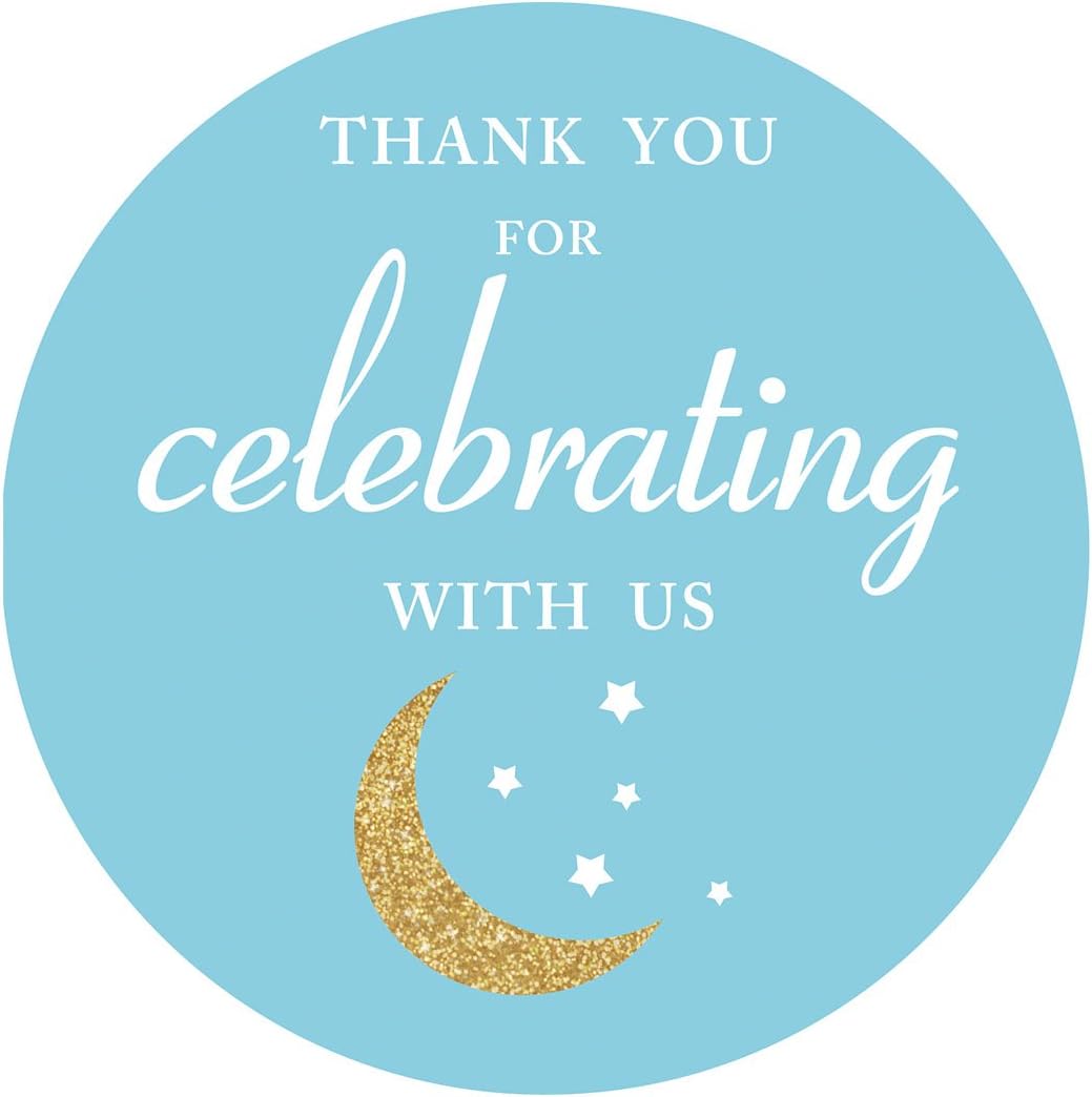 Blue Thank You Moon Stickers, boy Baby Shower or Birthday Party Favors Sticker Labels, 2 inch, 40-Pack