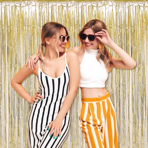 Image of 3 Pack Light Gold Foil Fringe Curtains Backdrop, 3.28 x 9.8 Ft Metallic Streamers Tinsel Curtains Background for Photo Booth, Birthday, Halloween, Christmas, Thanksgiving, New Year Party Decorations