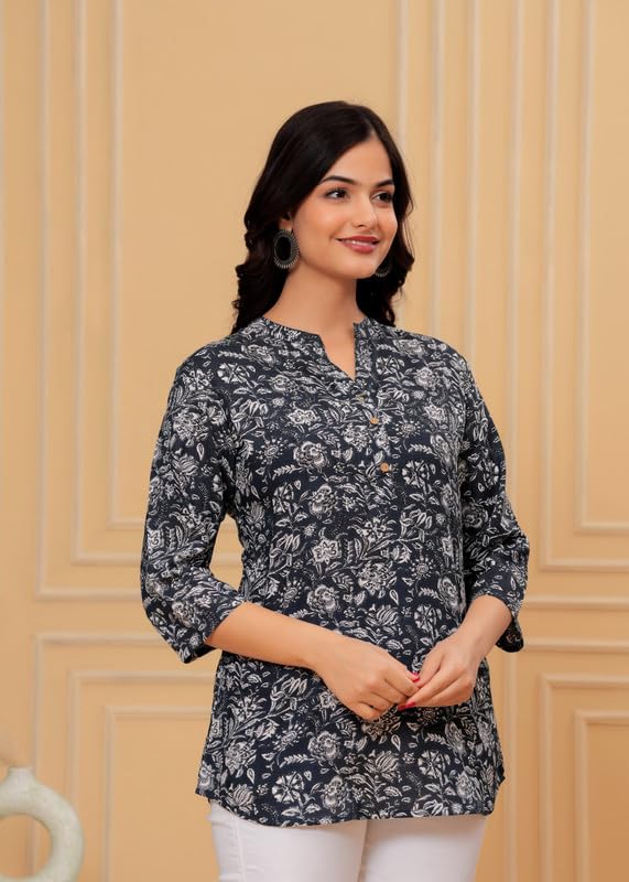 Image of Women's Cotton Printed Kurta Top | 3 /4 Sleeve Straight Kurti Casual Outings