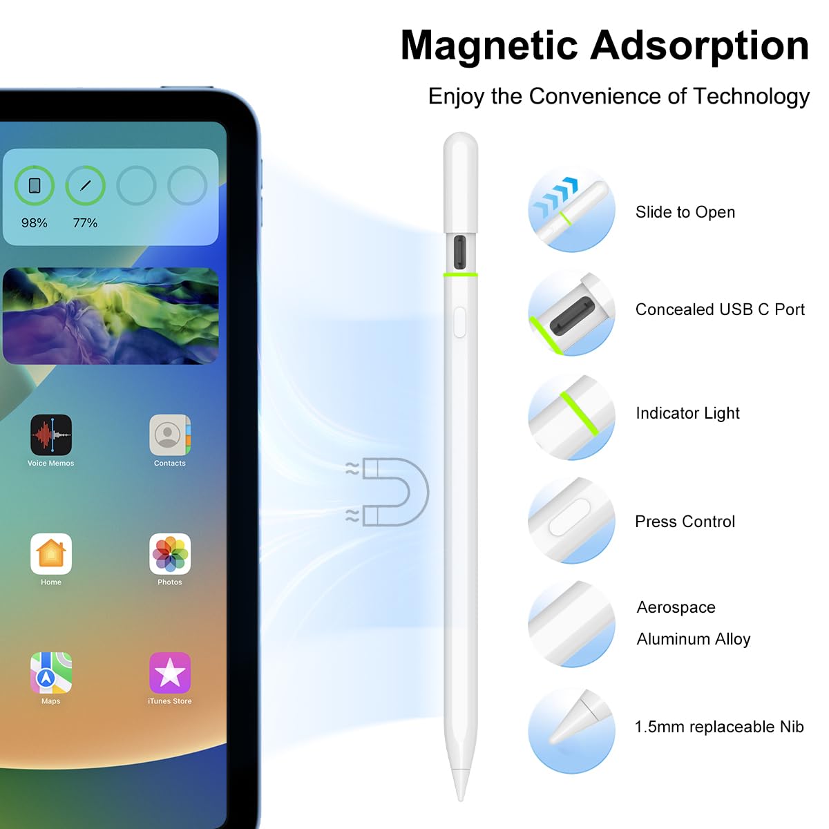 Lapiz para iPad 10º/9º Generacion, CAMPEXON Lápiz para iPad 2018-2023 con Inclinación & Rechazo de Palma, Pencil USB C para iPad 6/7/8/9/10, Air 3/4/5/, Mini 5/6, Pro 11" 1/2/3/4, Pro 12" 4/5/6
