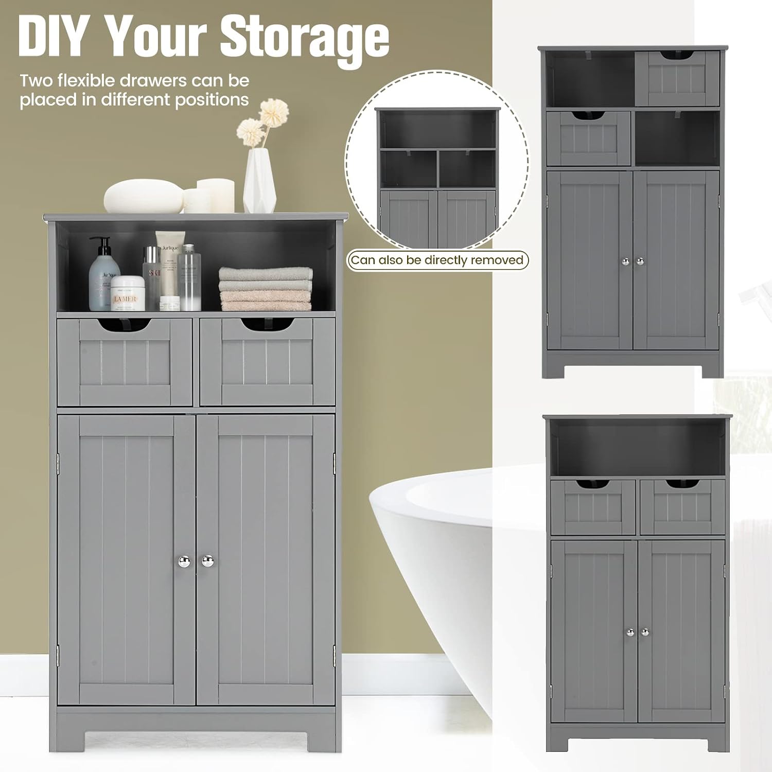 LOKO Bathroom Storage Cabinet, Multifunctional Floor Storage Organizer with 2 Removable Drawers & Adjustable Shelf, Modern Wooden Floor Cabinet for Living Room, Laundry Room or Dining Room (Grey)