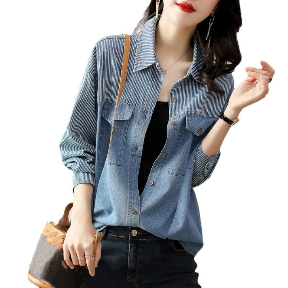Bluse Damen Elegant，Damen Denim Hemdjacke Lässig Modern Gestreift Patchwork Tunika Hemd Jeanshemd V-Ausschnitt Revers Businesshemd Langarm Knopf Übergangsjacke für Mädchen