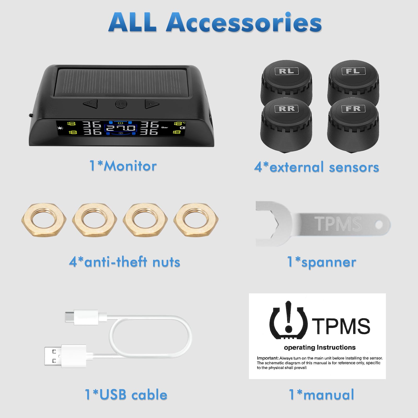 TPMS Système de Surveillance de la Pression des Pneusà,Charge Solaire/USB, Alertes Habitacle & Température, Auto on/Off,Compatible Camping-Car, Berline, SUV, MPV (72 psi)