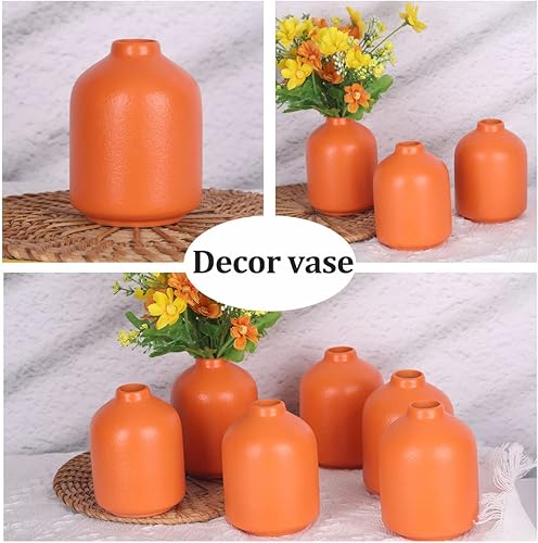 Miniatura 5 de Juego de 6 jarrones pequeños de cerámica naranja, jarrones de flores bohemios modernos, jarrones naranjas para arreglos florales, centros de mesa