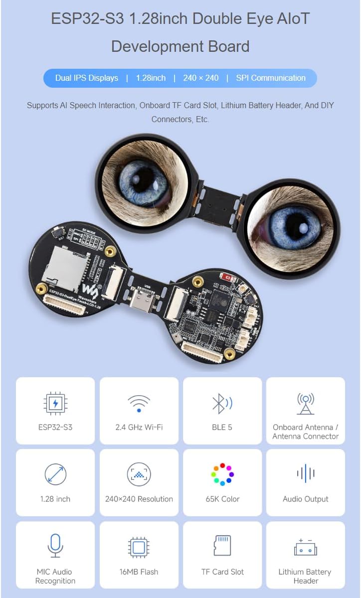 Waveshare ESP32-S3 Dual Eye Round LCD AIoT Development Board with icons highlighting its features.