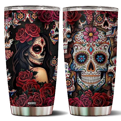 WONWIX Regalos de calavera de azúcar para mujer, taza de café de acero inoxidable aislada de 20 onzas, taza de viaje, botella de agua, vaso con tapa, termo, tatuaje, niñas, esposa, hija, mamá,