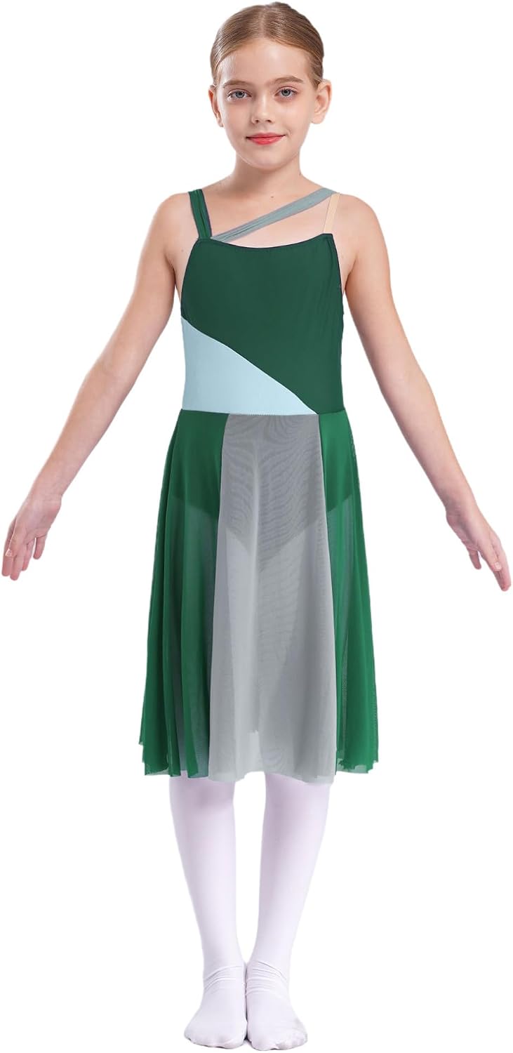 easyforever Kids Girls Lyrical Dress Sleeveless Mesh Color Block Leotard Dress Modern Contemporary Dance Costume