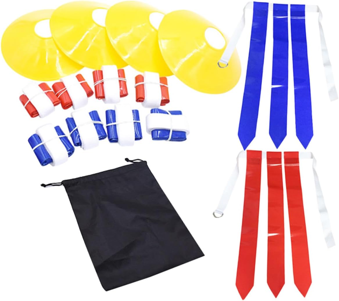 Veemoon Flag Football Belts Set with 10 White Adjustable Waist Belts, 30 Tear-away Flags, 4 Marker Cones, and Carry Bag for Youth Football Training and Outdoor Games