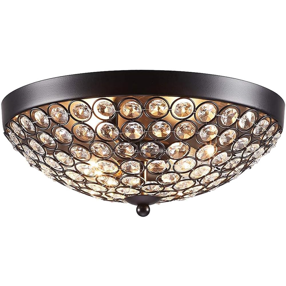 COTULIN Modern Elegant Black Crystal Ceiling Light - 2-Light Flush Mount Chandelier for Bedroom, Living Room, Hallway & Kitchen | Sparkling Crystal and Metal Shade Lighting Fixture