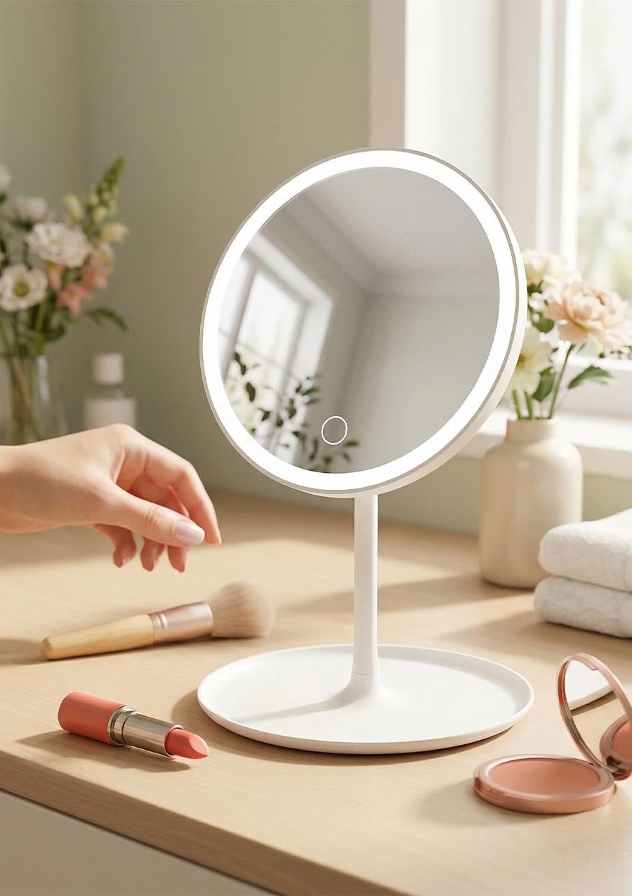 Ledli Yuvarlak Ayna Işıklı Mini Makyaj Aynası 3 Farklı Işık Modu 18 CM Beyaz
