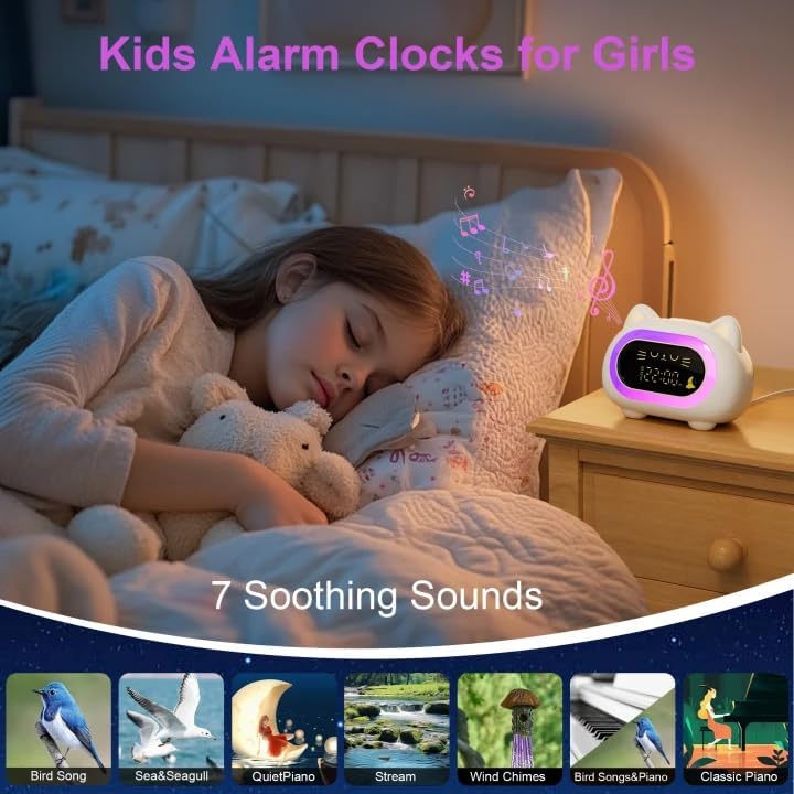 Image of Kids Alarm Clock Toddler Sleep Training Clock with 10 Night Lights, White