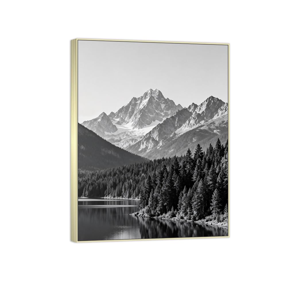 Tree Lake 3 Black White Landscape Canvas Picture 80x105cm Silver Frame