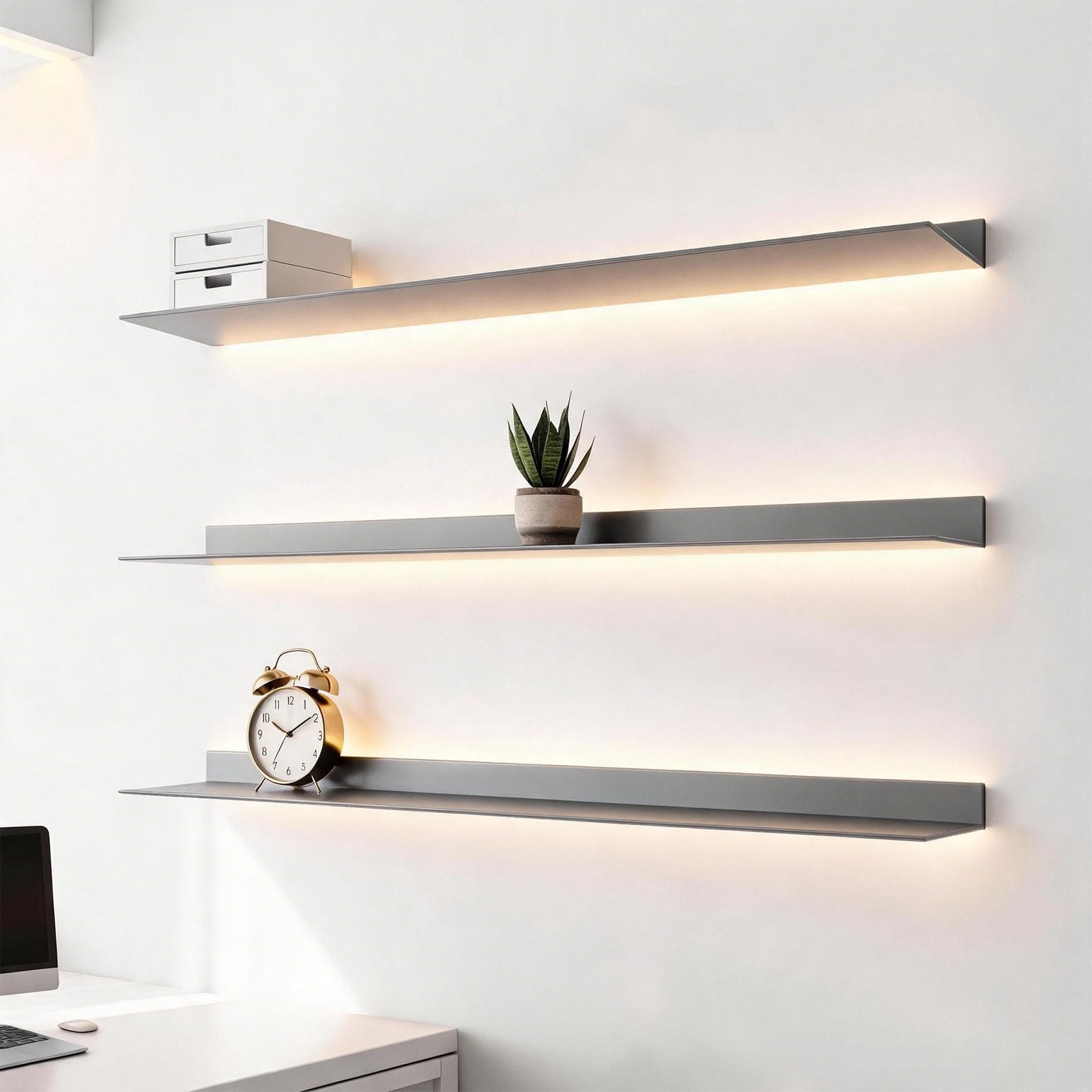 BVCL Mensola Da Parete Sospesa In Metallo Con LED | Scaffale Galleggiante Illuminato Per Soggiorno Camera Da Letto Bagno, Design Moderno(Gray,80 cm)