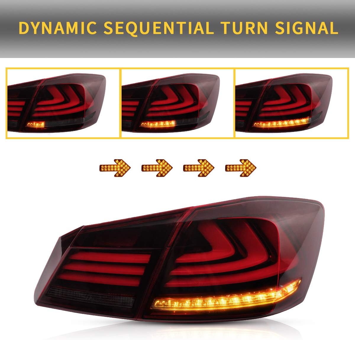 VLAND Full LED Tail Lights for [Honda Accord 9th Gen Sedan 2013 2014 2015] with Amber Sequential Turn Signal, YAB-YG-0250-H, Red & Smoked [Don't fit a Honda accord lx/Sport/Touring/EX-L]