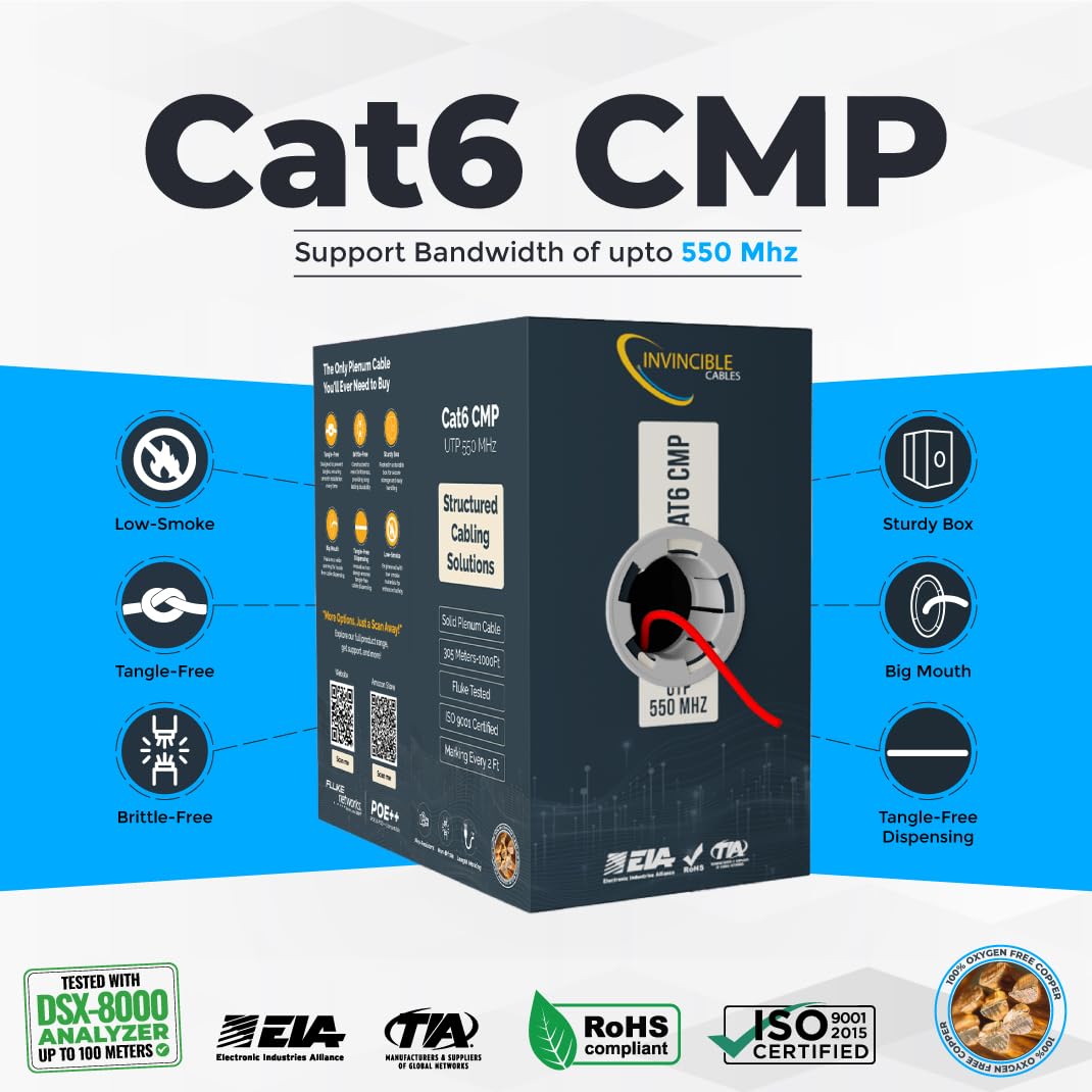 Cavo Plenum Cat6 da 304,8 m, 0,57 mm, 100% puro rame, 550 MHz, 23AWG, UTP |DSX-8000 Analizzatore testato fino a 100 m, 10 GB, PoE, PoE+ e PoE++, cavo più accreditato del settore (rosso)