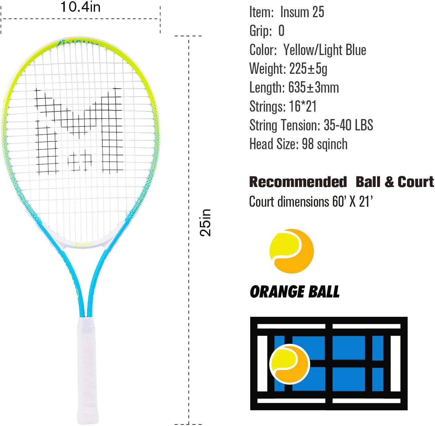 INSUM 17-25 inch Kids Tennis Racket for Aged 2~12 Starter, Multi-Color & Size Toddlers Tennis Racket for Boys & Girls Beginner, Come with Shoulder Cover Bag for Carry