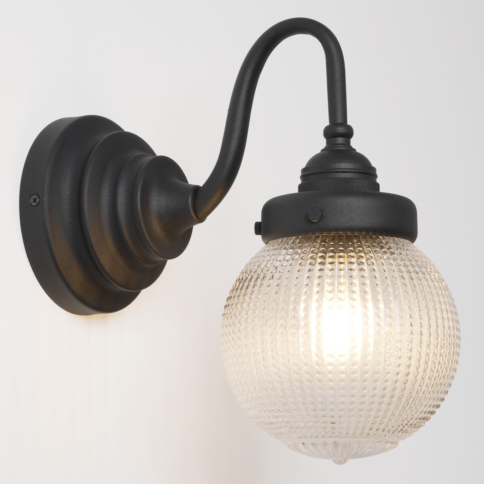 SongCiLT Gooseneck Wall Light Sconce with Clear Ribbed Glass Globe Shade, Vintage Brass Bathroom Wall Lamp Fixtures for Kitchen Living Room Bedroom Farmhouse