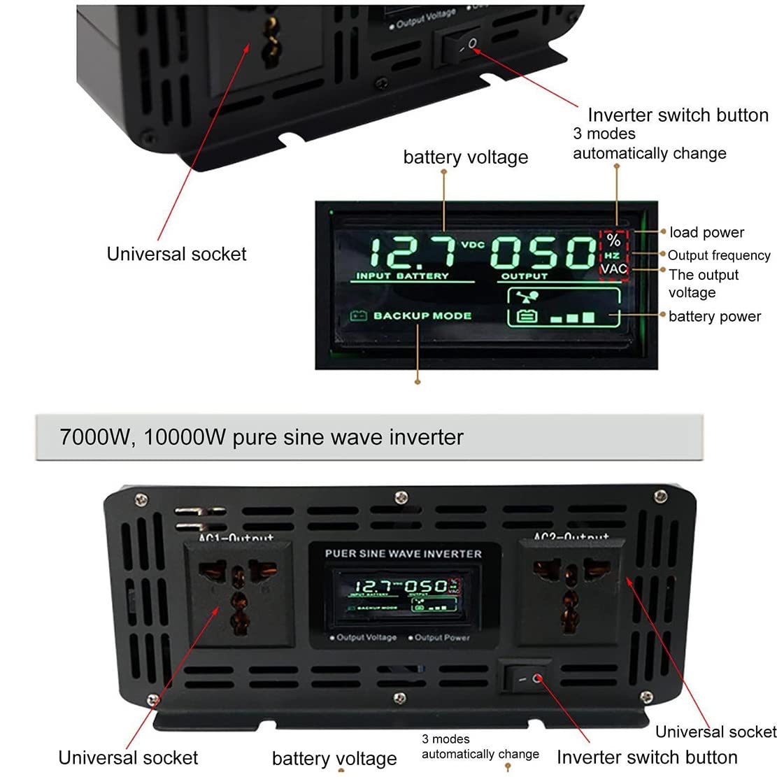 Przetwornica Napięcia Sinusoidalnego Przetwornica Samochodowa Dc 12v/24v Na Ac 110v/230v - Przetwornica Inwerterowa Z 1 Gniazdem Eu, Do Adaptera ładowarki Samochodowej,7000W-12Vto110V