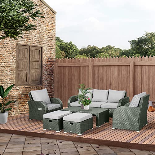 Outsunny 6-Piece Outdoor Rattan Patio Sectional Sofa Set With 3-Seat Couch, 2 Recliners, 2 Ottoman Footrests, & Coffee Table Conversation Set, Light Grey #TOP1